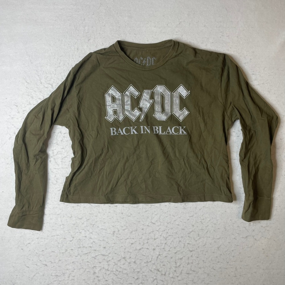 ACDC Back in Black Long Sleeve Crop Top T Shirt Olive Green Large